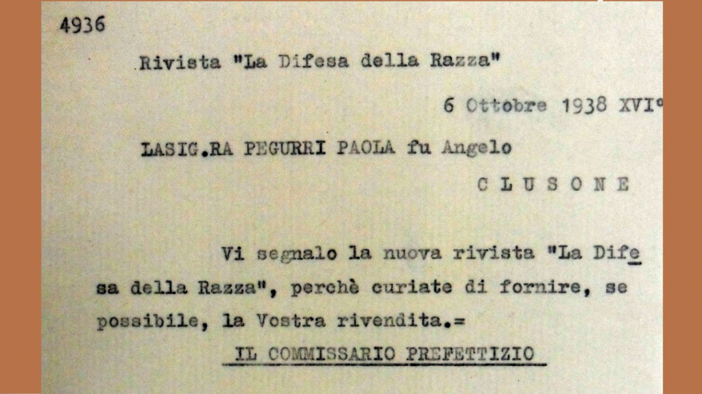 Il Commissario prefettizio di Clusone invita Paola Pegurri a mettere in vendita la nuova rivista "La difesa della razza", 6 ottobre 1938 (Archivio Storico del Comune di Clusone)